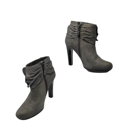 Vtg DKNY Vegan Faux Suede Gray Wynette Ankle Boots Sz 6 Heel Bow Booties - Picture 4 of 11